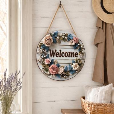 Spring Flower Wreath Welcome Sign, Independence Day Patriotic Hanging Plaque, Round Wooden Door Hanger Decoration for Indoor Outdoor