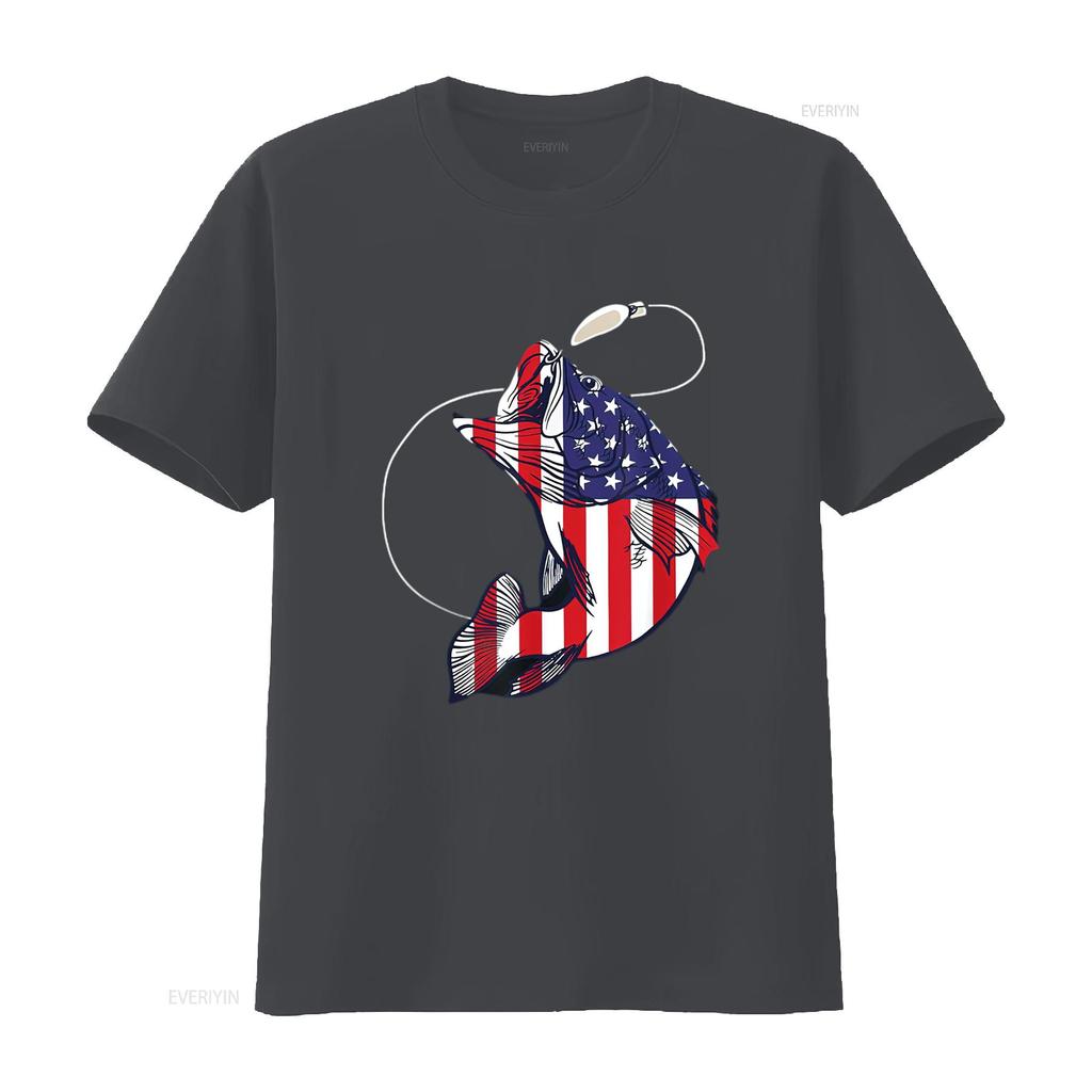 Bassfischen Fisch Amerikanische Flagge Patriotisch Vierter Juli Herren T-Shirt Weiß Vintage Gewaschen Dehnbar Oberteil Für Den Alltag