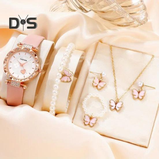 

1 компл. Часы-браслет Часы Ожерелье Серьги Комплект колец Кулон-бабочка Искусственный жемчуг со стразами Регулируемый ремешок из искусственной кожи Женский комплект ювелирных изделий на день рождения