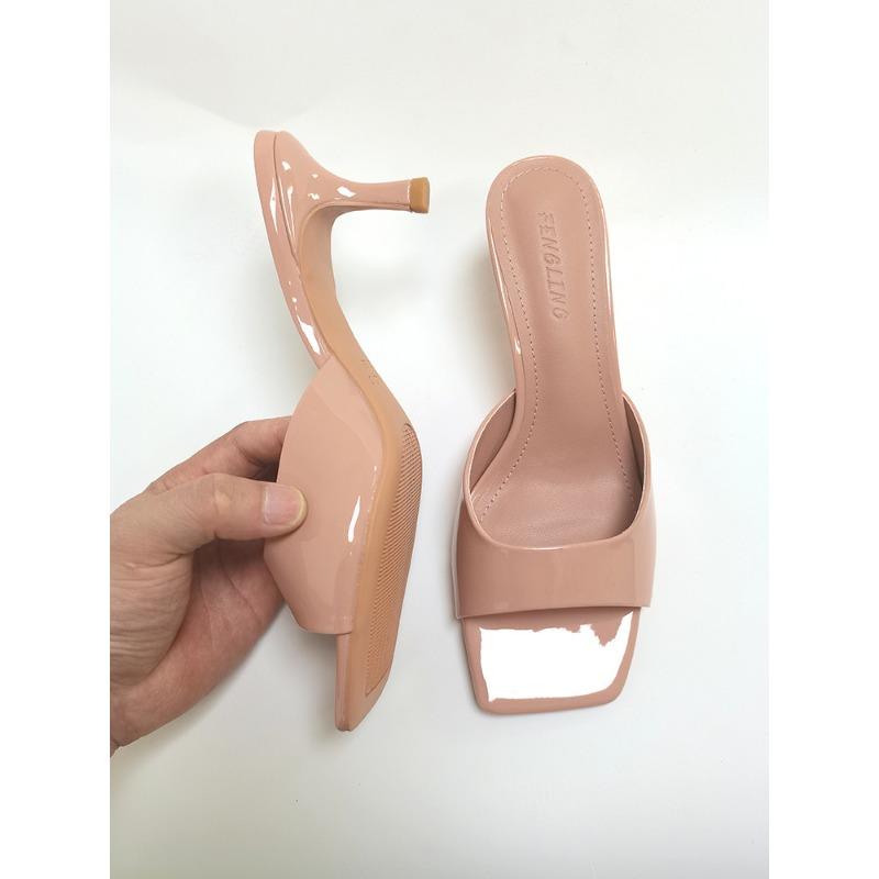 

Sheepskin version of high-heeled cool slippers women s summer versatile thin heels square toes sexy temperament wear one-word slippers 40
