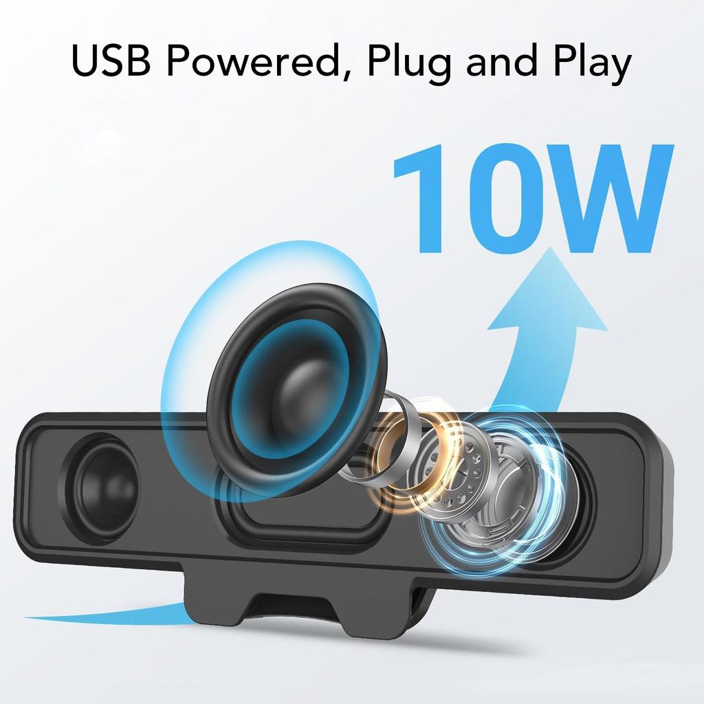 Acogedor 10W Clip-On Computer Speakers, USB A To USB C Wired Stereo Speaker Bar for Desktop PCs, with Volume Control and Mit Buttons