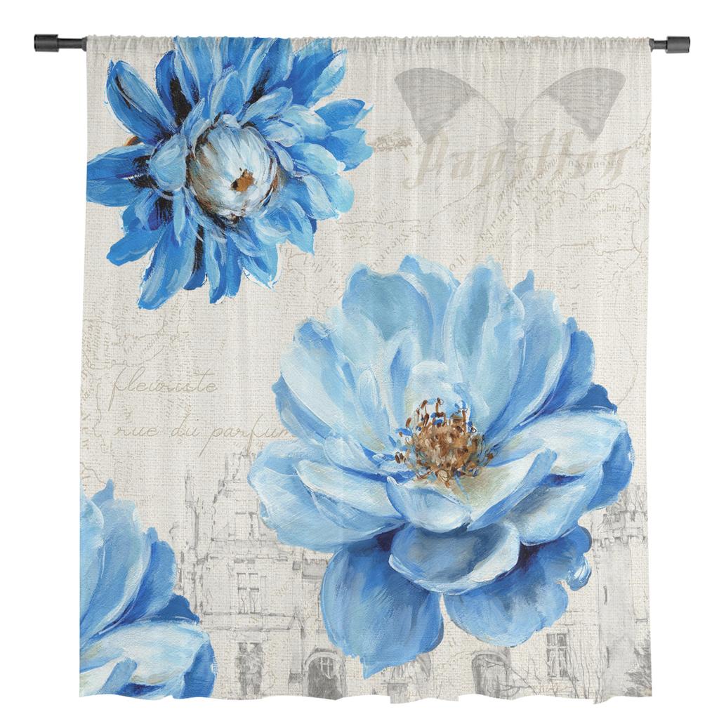 Vintage Flowers Peony Blue Window Curtains Sheer Chiffon Tulle Curtain Home Living Room Backdrop Decoration