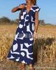 Women's V Neck Sleeveless Maxi Dress Loose Fit High Waist Casual Geometric Print A Line Long Dress 2026 Summer Elegant Vacation Dress