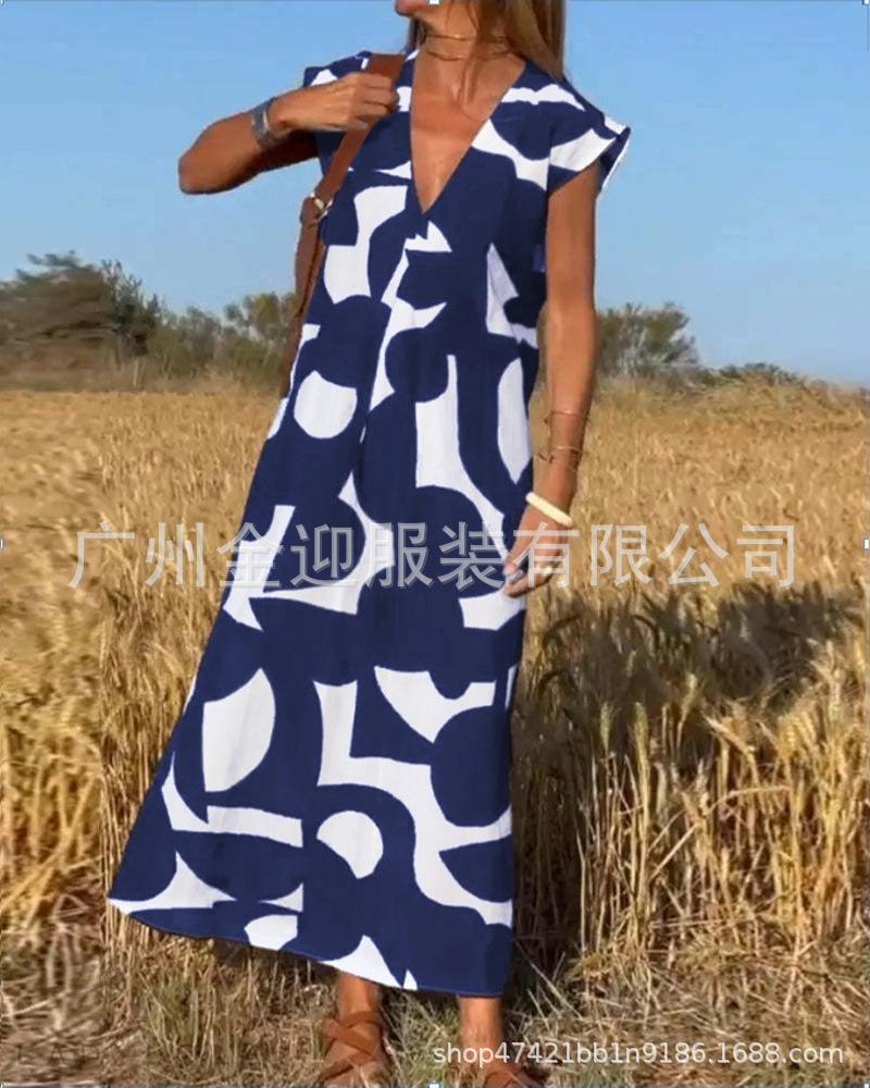 Women's V Neck Sleeveless Maxi Dress Loose Fit High Waist Casual Geometric Print A Line Long Dress 2026 Summer Elegant Vacation Dress