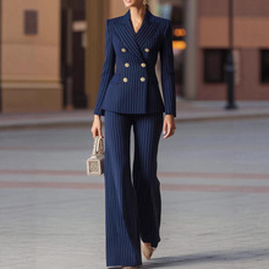 Autumn Hot Sale Temperamental Commute Slim Fit Color Block Long Sleeve Suit Pants Set Women's Clothing