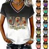 Women's Casual V Neck Short Sleeve Pullover T Shirt Gradient Print USA Graphic Top Suitable for Daily Wear and Outdoor Activities