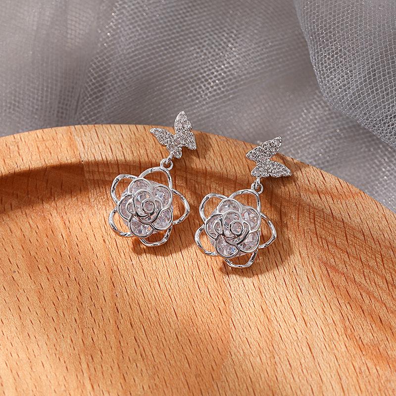 925 Sterling Silver Korean Style KT Cat Sparkling Dangle Stud Earrings for Women