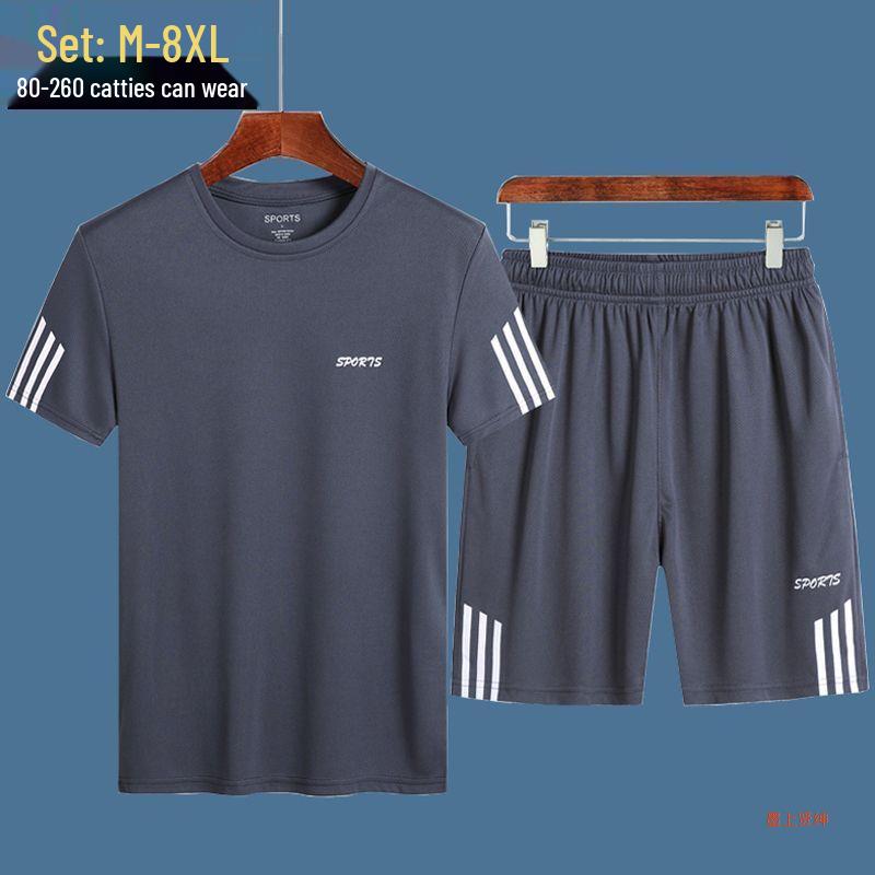 סט חולצת ספורט ושורט לגברים מבד משי קרח המתייבש במהירות, מידה גדולה, קולקציית 2024