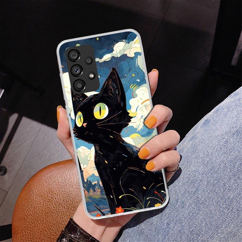 Anime Cute Black Cat Meow Phone Case For Samsung Galaxy A17 A16 A15 A14 A13 A57 A56 A55 A54 A53 A37 A36 A35 A34 A33 A26 A25 A24