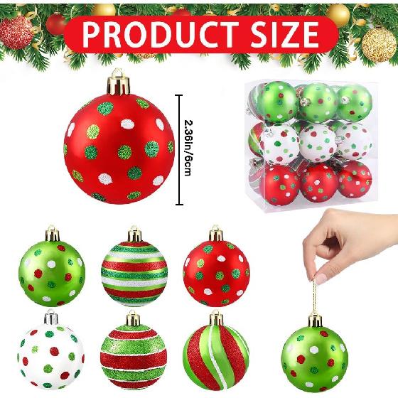 18pcs Christmas Balls Ornament 2.4 Inch Glittering Hanging Xmas Balls for Tree Decoration Swirl Candy Cane Elf Balls Red Green Plastic Christmas