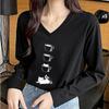 Three Cups&Cat Print Women Tshirts Ladies Tops Long Sleeve V-neck Pullover Femme T-shirts T Shirt For Women