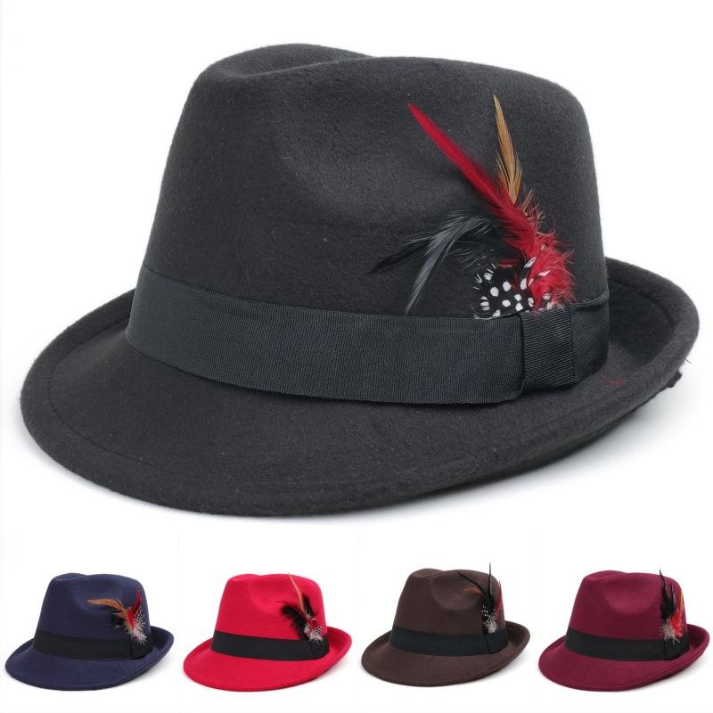 Vintage Jazz Feather Fedora Hat for Men Women Fashion Wide Brim Wool Felt Panama Trilby Cap