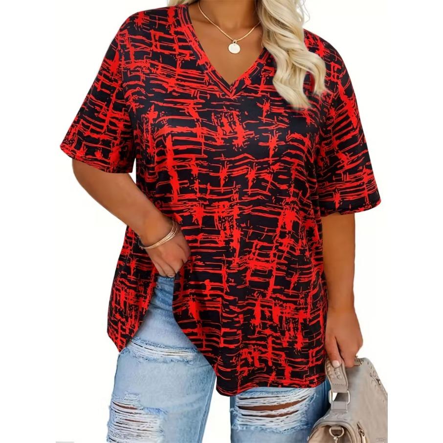 XL-7XL Damski T-shirt Plus Size z Gradientem, Casualowy, z Nadrukiem 3D, Luźny, z Dekoltem w Serek, z Krótkim Rękawem
