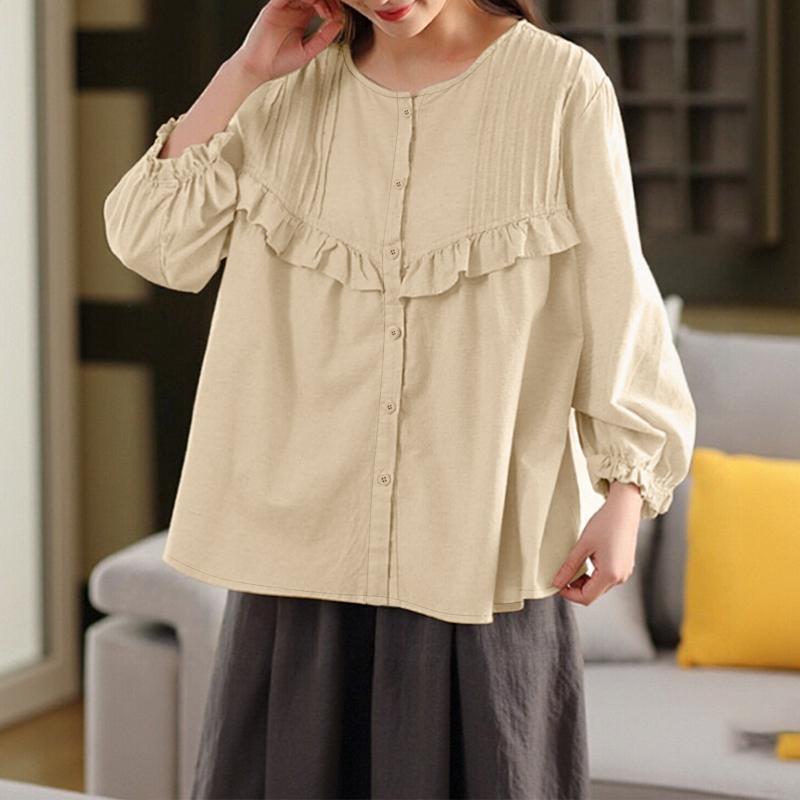 ZANZEA Camicetta casual da donna a maniche lunghe con scollo rotondo e tinta unita