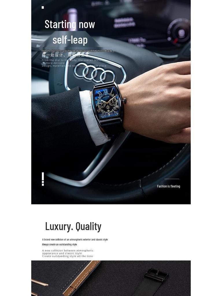 Finish Big Barrel Men's Watch: European & American Style, Leather Strap, Waterproof, Calendar, Casual Office Wear.