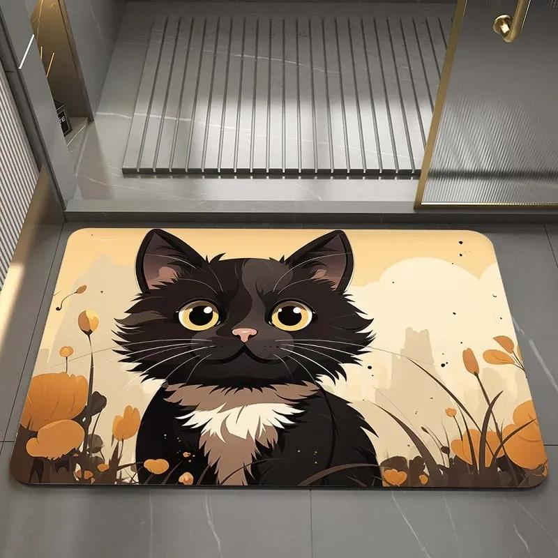 Cute Cat Fast Drying Bathroom Mat Washable Floor Bathroom Door Mat Anti-Slip Soft Shower Room Carpet Rug Living Room Doormat