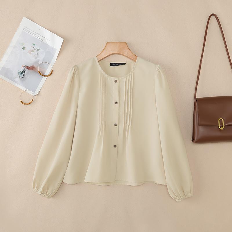 ZANZEA Chemisier décontracté à manches longues et col rond pour femme, couleur unie