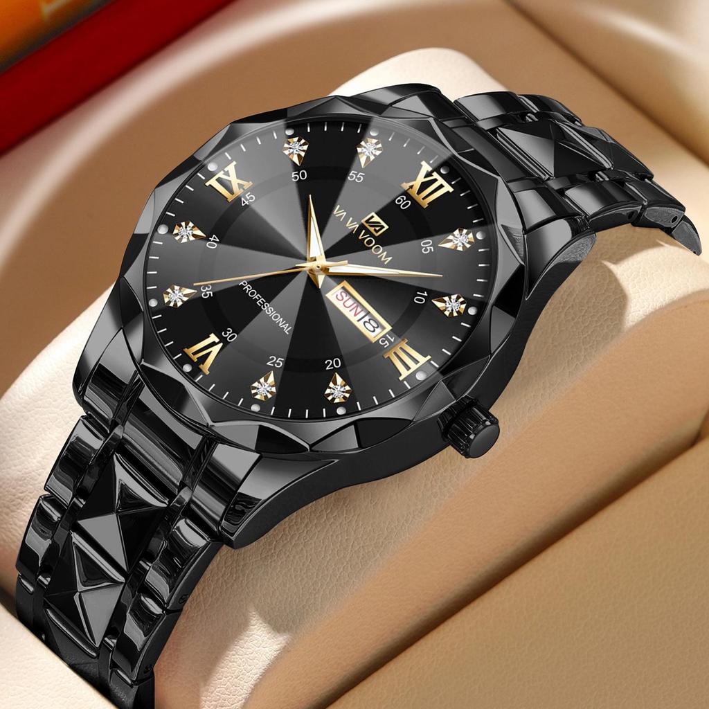 VA VA VOOM Luxury Men’s Quartz Watches Man 30m Waterproof Luminous Date Week Stainless Steel Men Watch Casual Sports Women Quartz Watches Male Clock