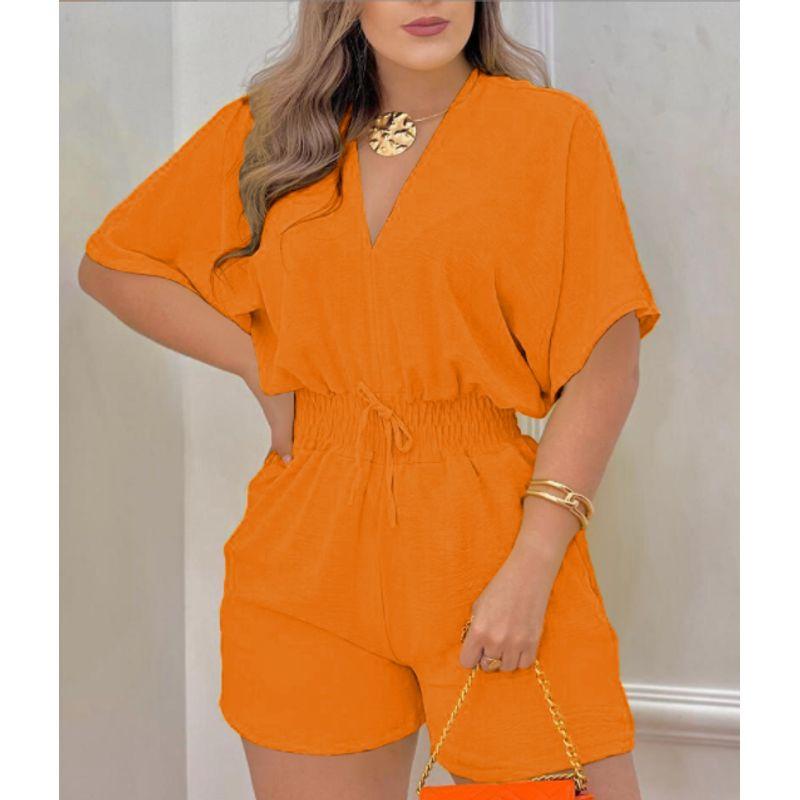 

V-neck Loose Sleeved Drawstring Jumpsuit Solid Waist Hugging Lace up Jumpsuit Women Orange XL