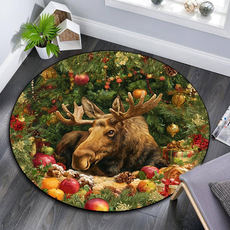 Runder Teppich mit Weihnachtstier-Muster, Teppich für Wohnzimmer, Schlafzimmer, Spielzimmer, Rutschfeste Bodenmatte, Feiertagsgeschenke und Geburtstagsgeschenke.