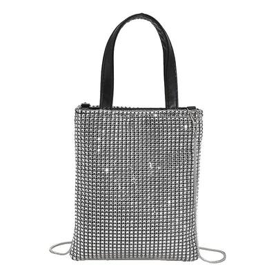 Harugio Sparkly Rhinestone Chain Bag for Women, Small Mini Shoulder Tote Bag, Handbag, Party Bag, Pouch, Silver, Black, Stylish and Cute