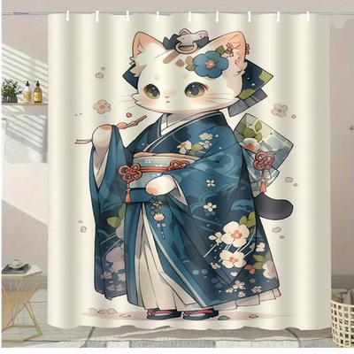 Kimono Cat Washable Dirt-Resistant Shower Curtain Shower Head Waterproof Polyester Bath Curtain For Home Decor Accessories