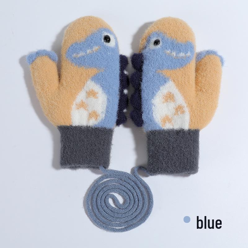 Kids' Winter Windproof Plush Cartoon Gloves with Lanyard
