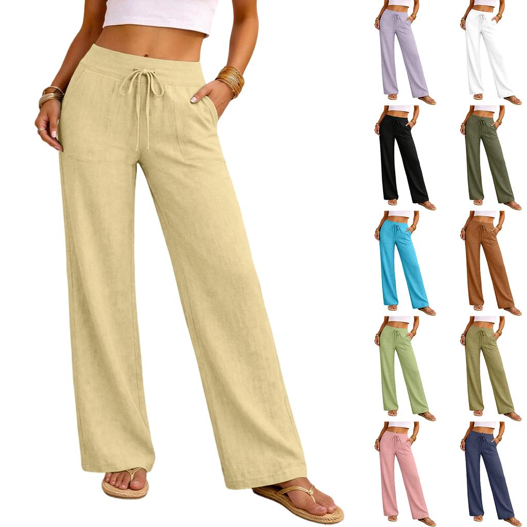 Women Casual Loose Fit High Waist Drawstring Straight Leg Wide Leg Pants Lightweight Relaxed Trousers for Daily Wear