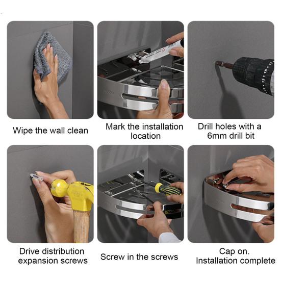 Caddy de colț pentru economisire a spațiului, raft pentru baie, fără perforare, instalare ușoară 2 cârlige