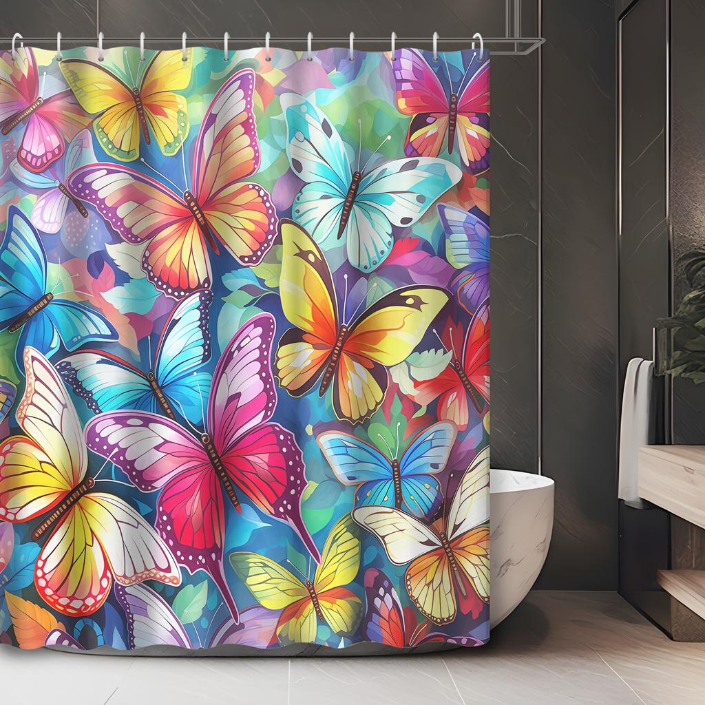 Elegant Dreamy Colored Butterfly Shower Curtain with 12 Hooks - Waterproof Bathroom Decor