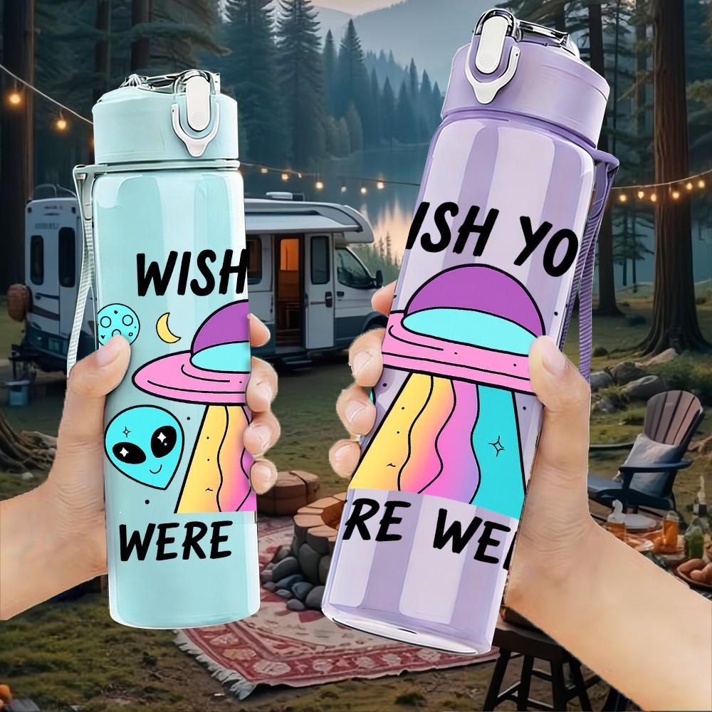 1PC Alien UFO Wish You Weird 750ml Color Plastic Sports Water Bottle Leakproof Flip Straw Lid Suitable for Sports Office Home Use