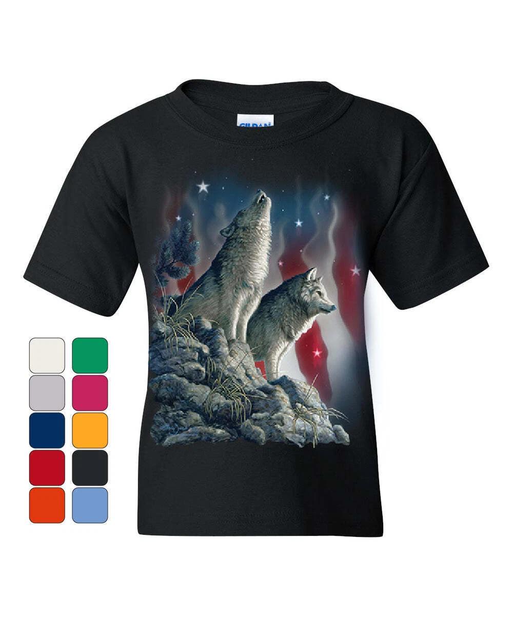 

Howling Wolf Pack Youth kids boys T-Shirt Stars and Stripes American Wildlife Kids Tee 140
