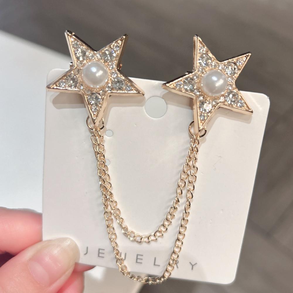 New Fashion Rhinestone Pearl Star Brocohes for Women and Men Tassel Chain Corsage Lapel Pins Luxulry Jewelry Accessories