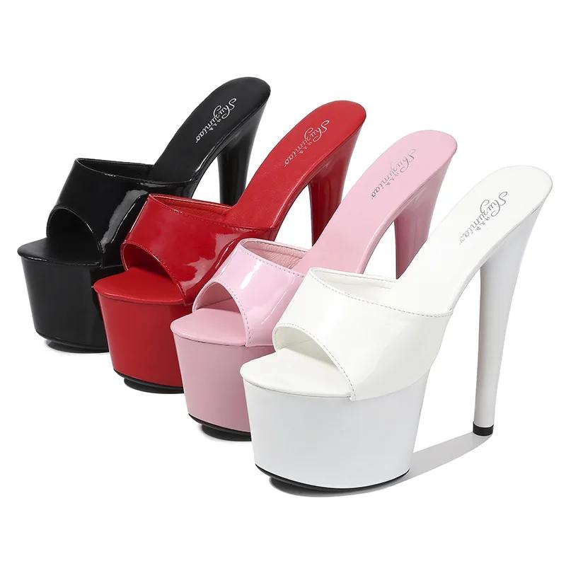 Fashion Leather slippers stiletto heels sexy black waterproof platform, hate the sky, super high slippers, women's summer