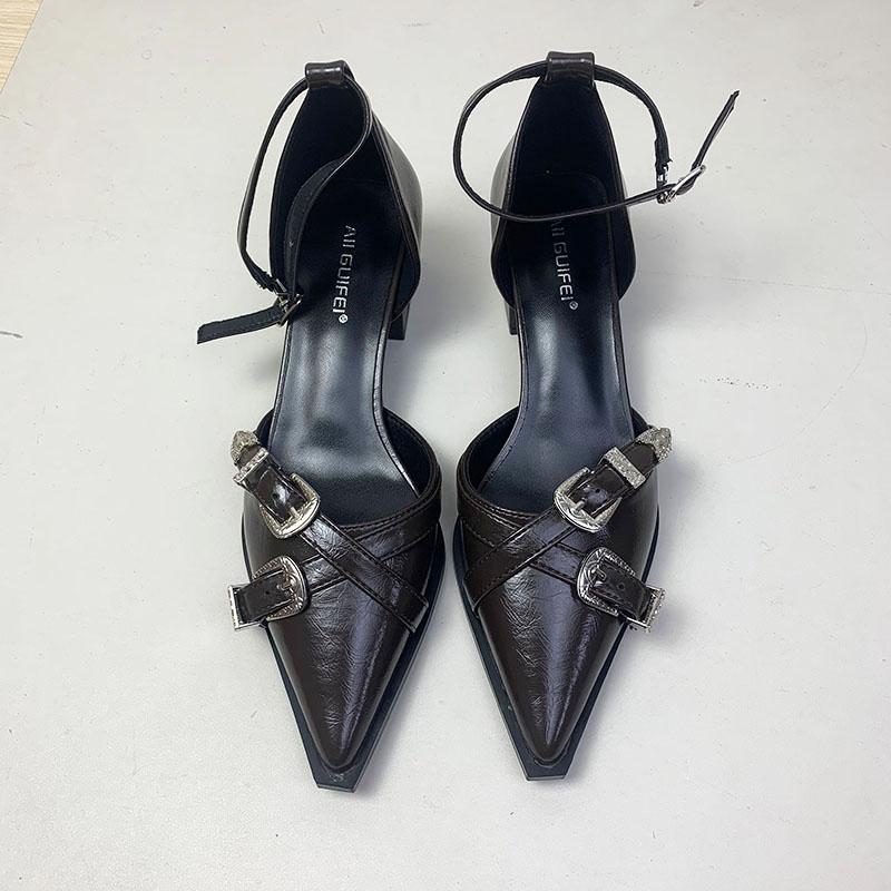 Fashion Footwear Ankle Strap Pumps Ladies Medium Heels Shoes Shallow Female Buckle Fashion Pointed Toe Women Square Heels Shoes