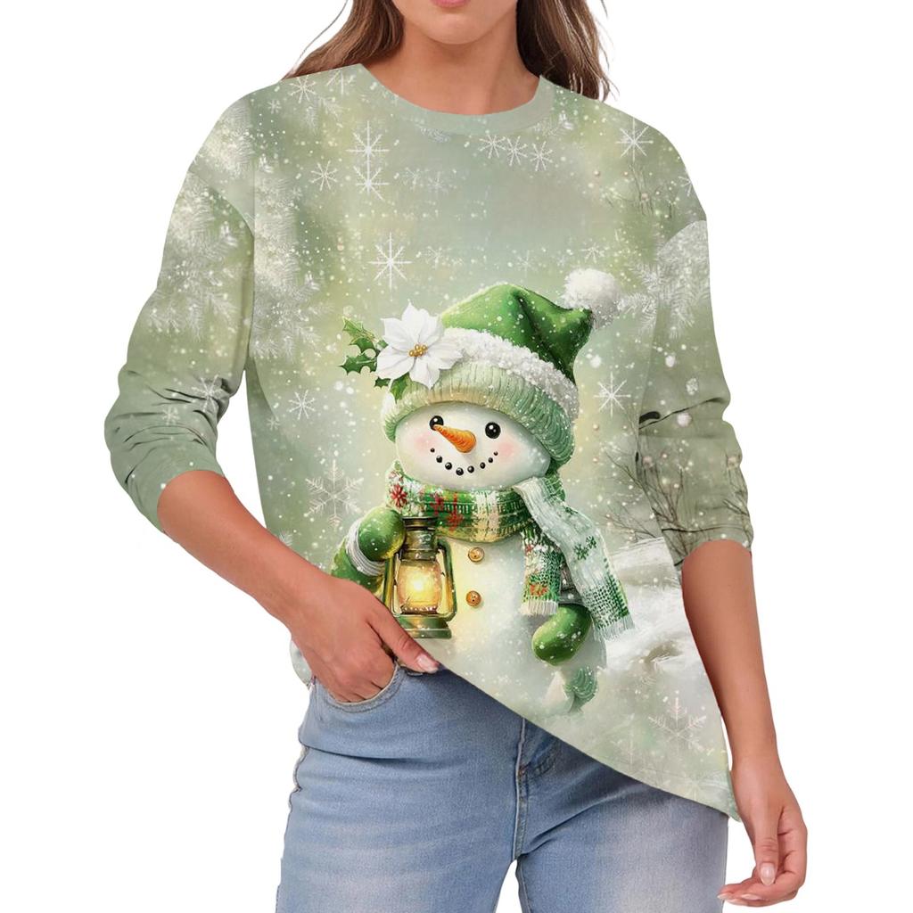 Women's Fashion Casual Christmas Print Round Neck Solid Color Long Sleeve Top