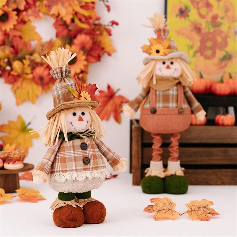 Thanksgiving Harvest Season Scarecrow Ornament Adjustable Doll Tabletop Decoration for Home Retractable Figurine