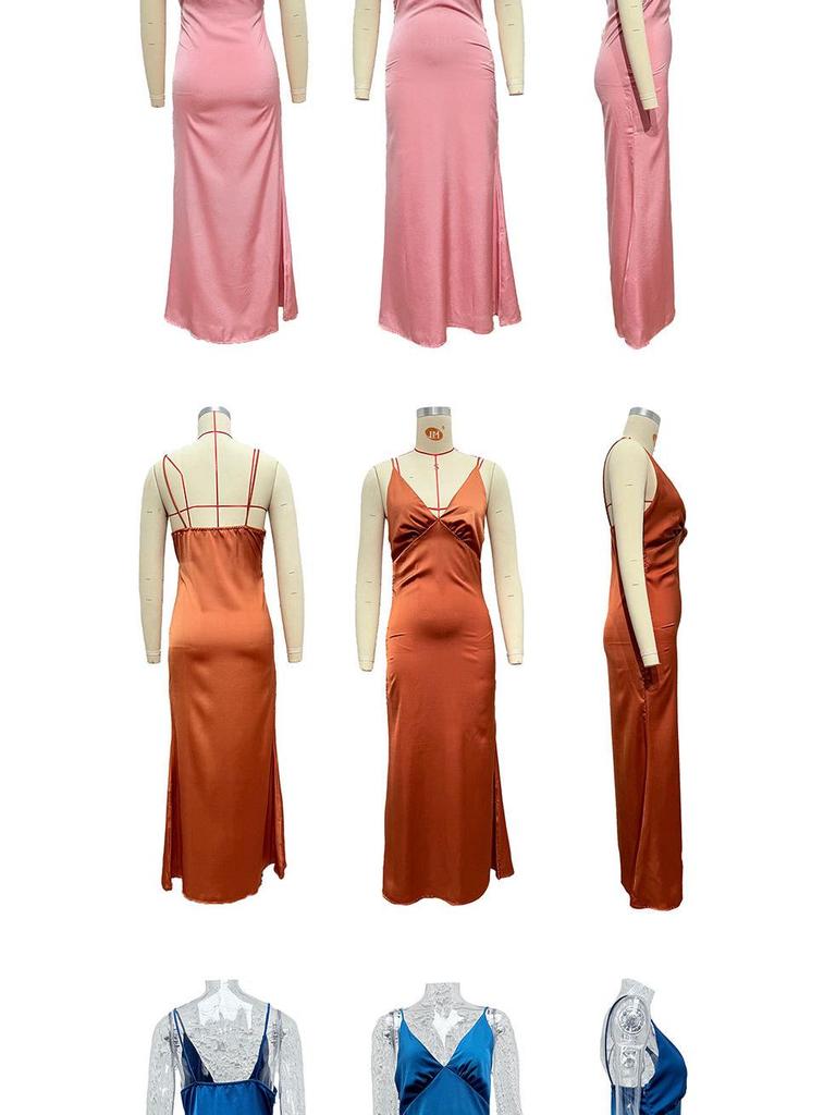 Women's Sleek V-Neck Sleeveless Bodycon Dress with Slit and Backless Design