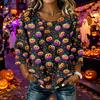 Women's Casual Halloween Print Round Neck Three Quarter Sleeve Linen Cotton Blend Top Suitable for Everyday Wear and Seasonal Events