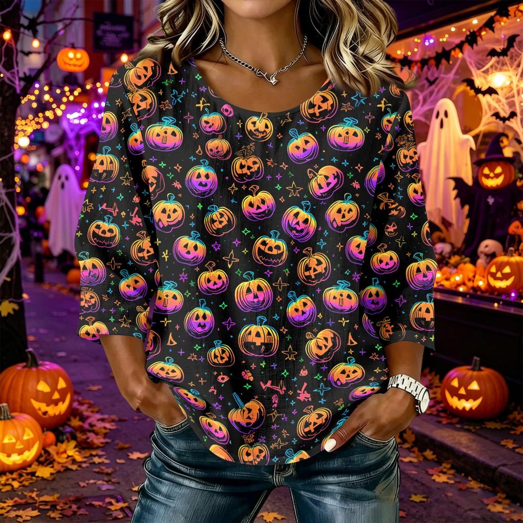Women's Casual Halloween Print Round Neck Three Quarter Sleeve Linen Cotton Blend Top Suitable for Everyday Wear and Seasonal Events