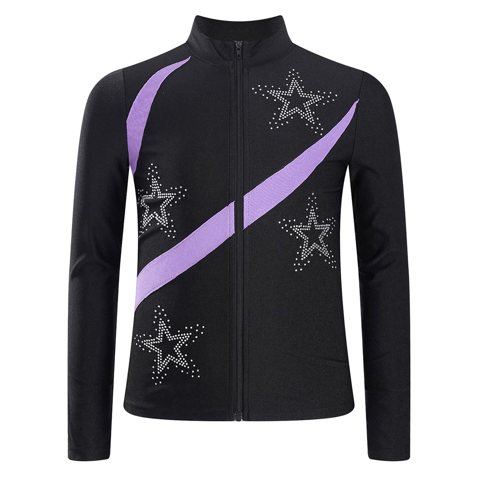 

Girls Shiny Rhinestone Star Sports Top Contrast Color Long Sleeve Stand Collar Zipper Sweatshirt Gymnastics Wear 5-6 Years