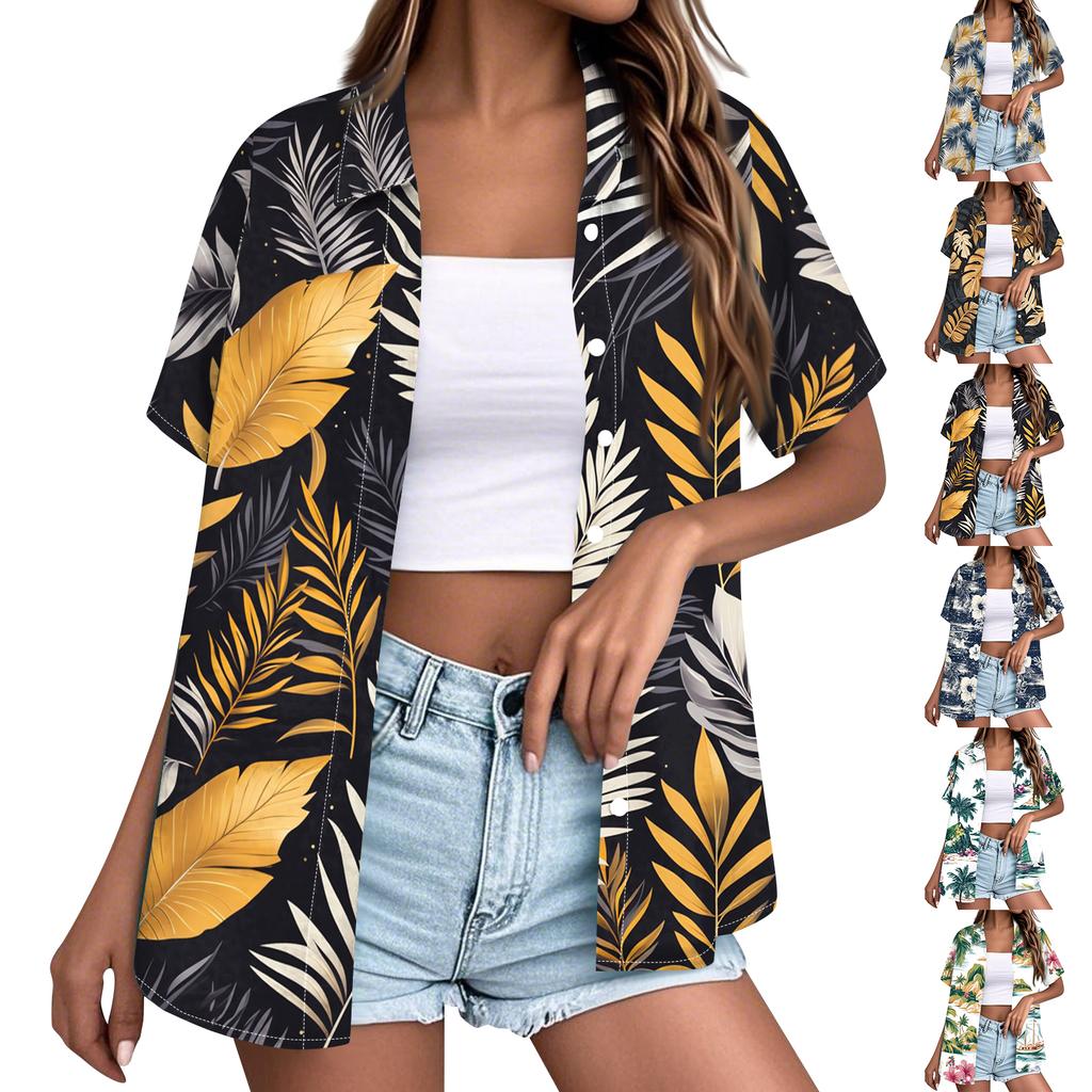 Womens Spring Tops Button Down Short Sleeve Leaf Print Shirt Summer Shirts for Women Casual Loose Fit Blouse Womens Summer Shirts