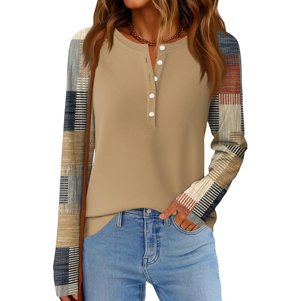 Dámská móda Volný top s dlouhým rukávem a kulatým výstřihem