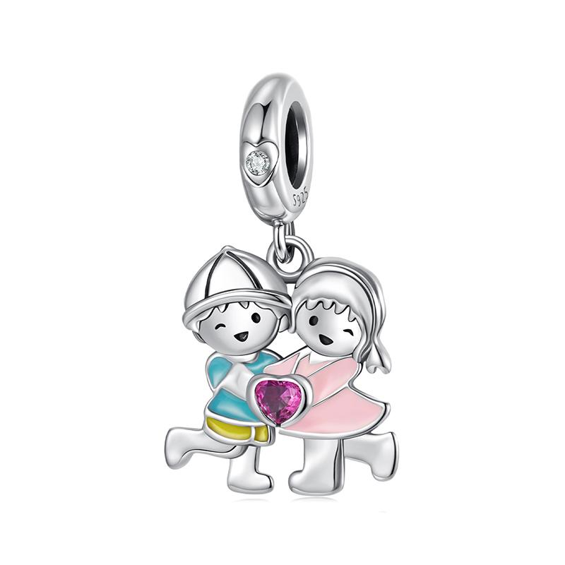 WOSTU 925 Silver Lovely Little Boy & Girl Charm Beads For Women Fit Original Charms DIY Necklae Birthday Jewelry Gift