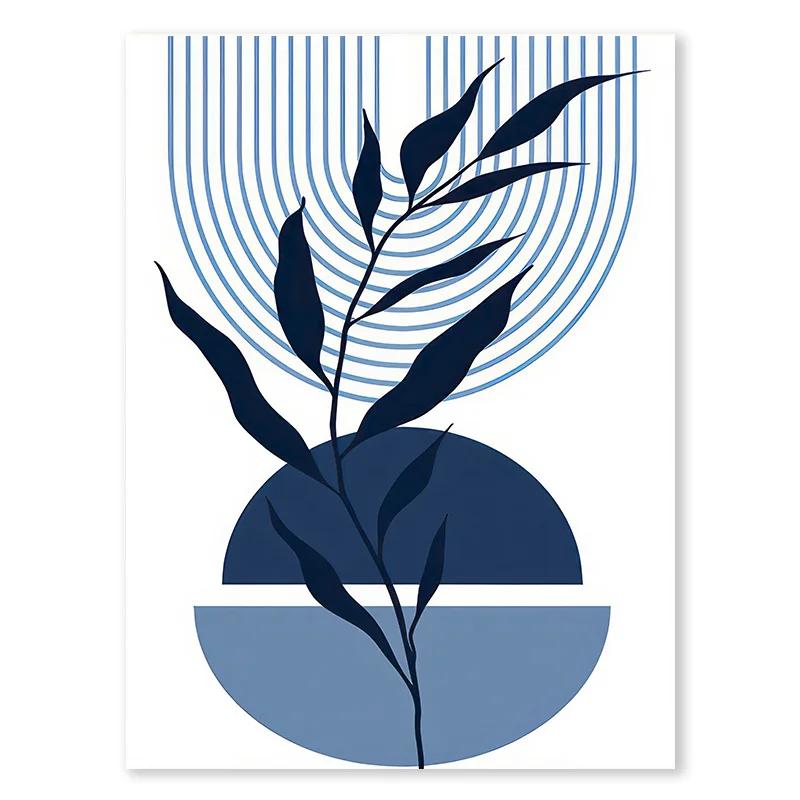 Boho Blue Abstract Modern Wall Art Print Sun Geometric Line Leaf Canvas Painting Nordic Posters Decor Pictures for Living Room