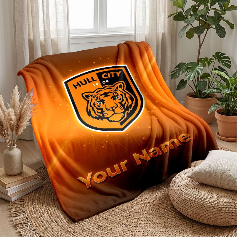 Coperta di Flanella con Testo Nome Personalizzato Hull City Logo Calcio Plaid in Pile Personalizzato Regalo Speciale per Divano Camera da Letto Casa