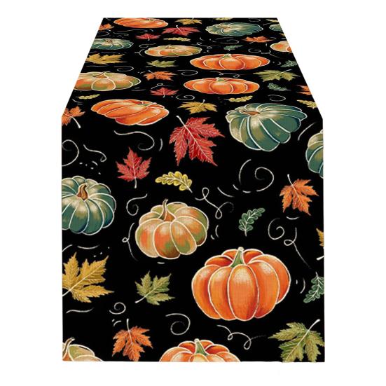 Thanksgiving Party Table Runner Pumpkin Sunflower Print Stain-Proof Reusable Table Protection Decoration