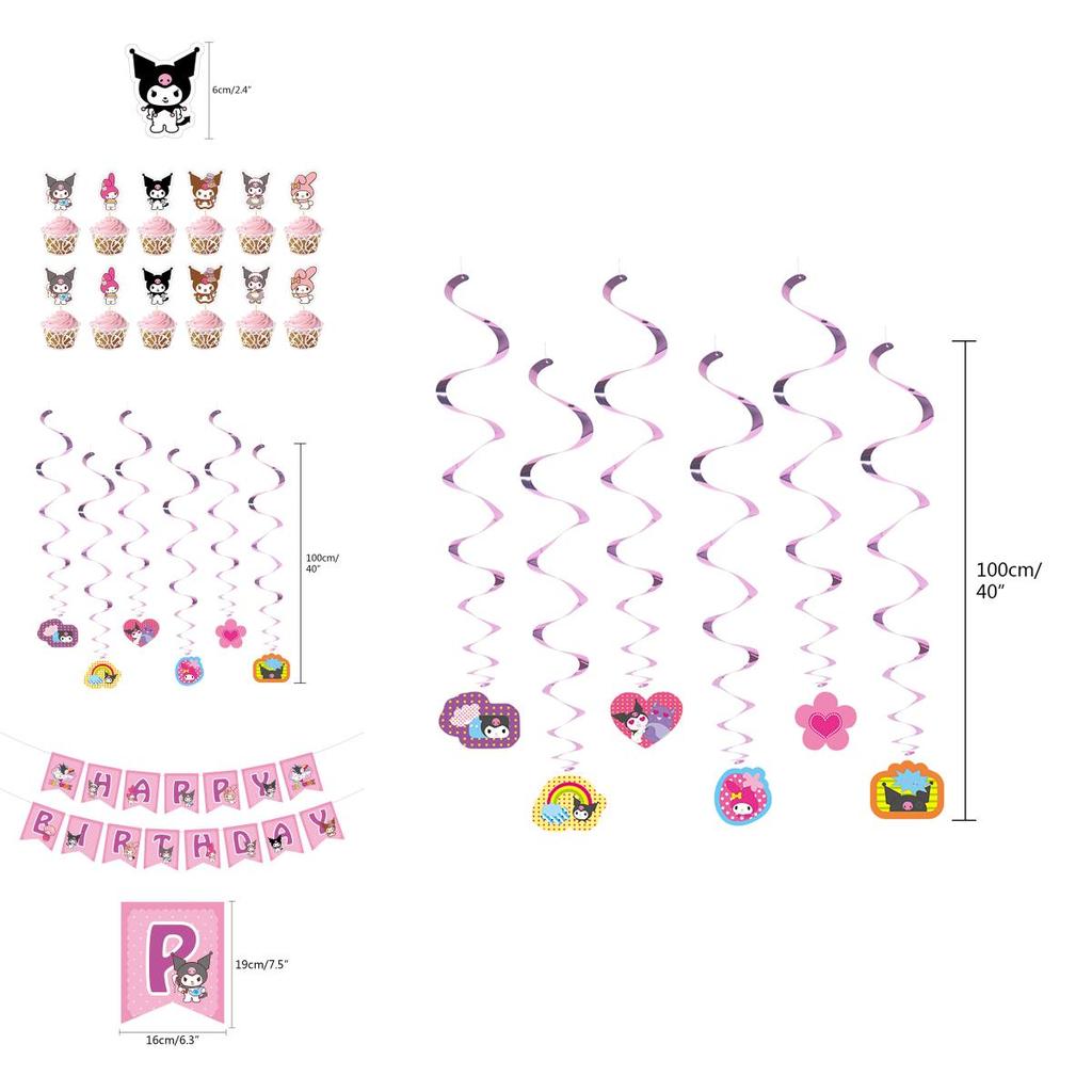 Kuromi Themed Birthday Party Decor Supplies Set With Flag Cake Spiral Balloon And Bright Colorful Toppers