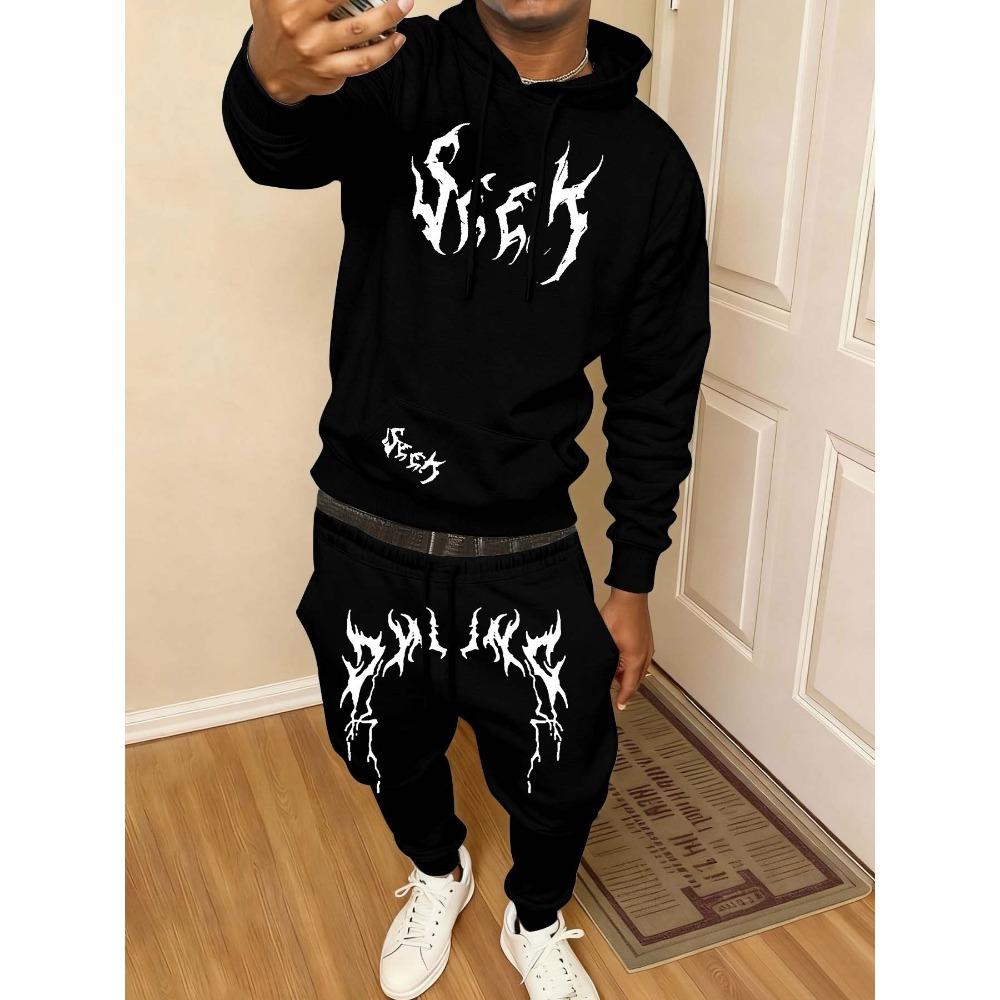 Men S Casual Set 2Pcss Outfit with Print Drawstring Pocket Hoodie And Athletic Drawstring Pants 2Pcss Set S