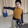 2025 Autumn Girls' Korean Style Color Block Patchwork Two-Piece T-Shirt & Vest